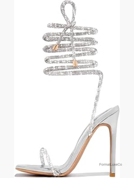 Shoes - Lace Up Glitter High Heel Sandals Square Toe Ankle Strap Dress Sandals Sparkly